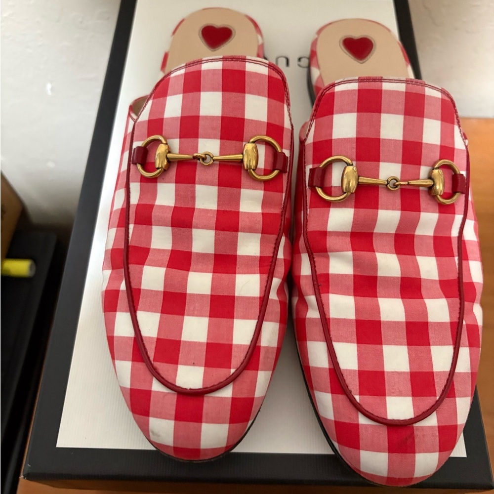 Gucci Red Checkered Mules with Gold Accents. Worn once!